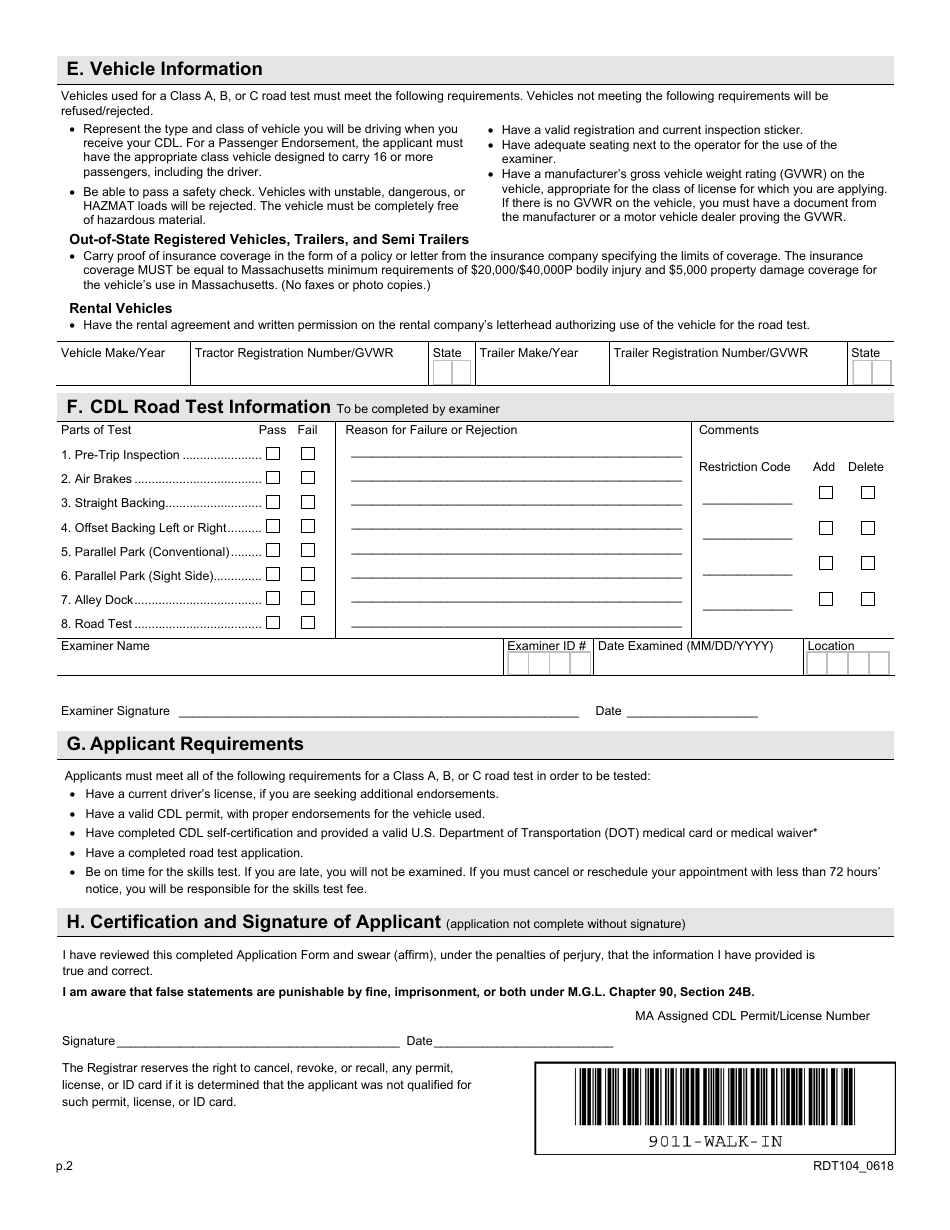 Form RDT104 Cdl Road Test Application - Massachusetts, Page 2