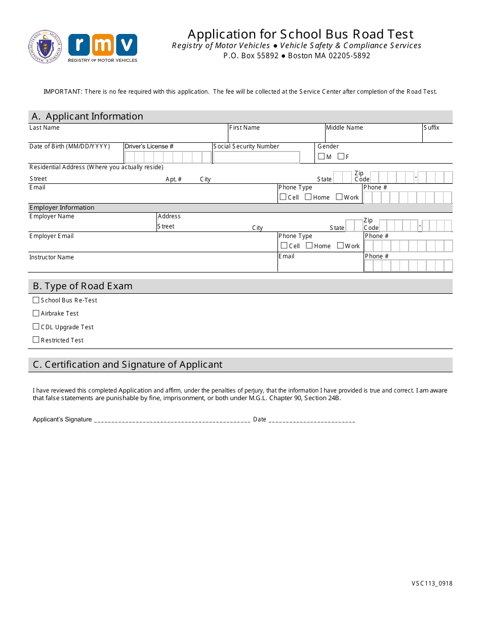 Form VSC113 Application for School Bus Road Test - Massachusetts, Page 1