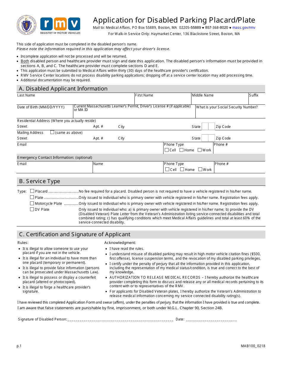 Form MAB100 Application for Disabled Parking Placard / Plate - Massachusetts, Page 1