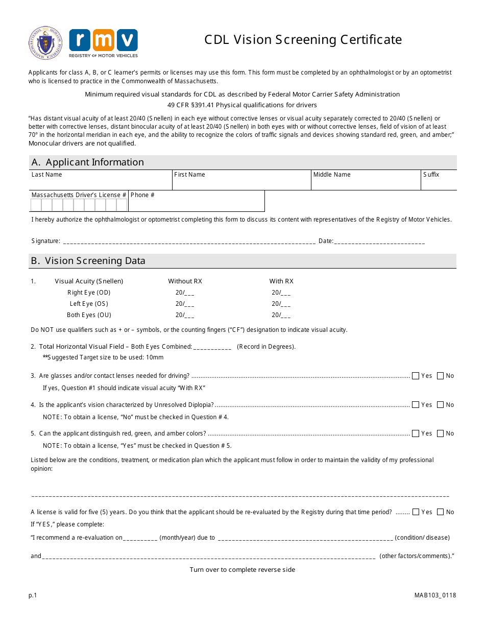 Form MAB103 Cdl Vision Screening Certificate - Massachusetts, Page 1