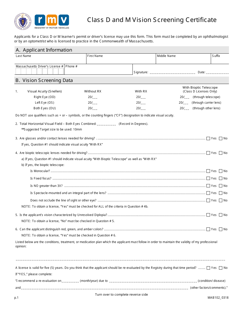 Form MAB102 Class D and M Vision Screening Certificate - Massachusetts, Page 1