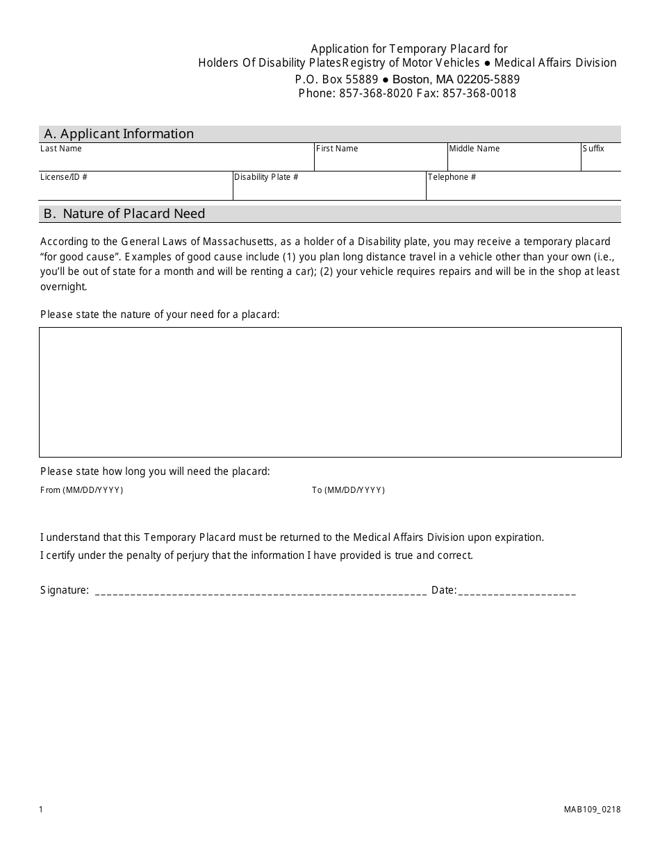 Temporary Disability Application Form Form MAB109 Download Fillable PDF or Fill Online Application for ...