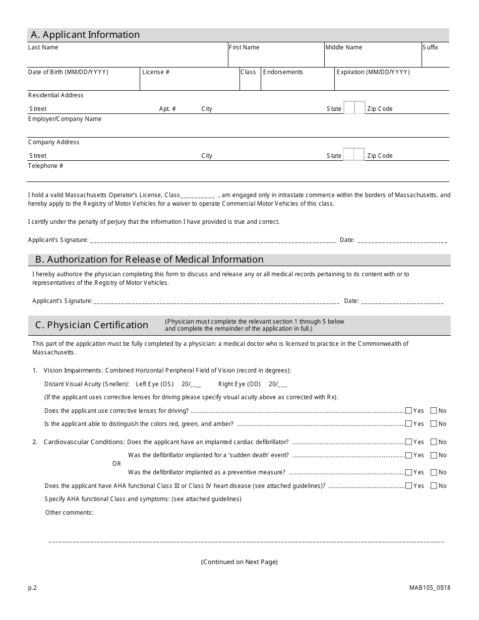 Form MAB105 Application for Intrastate Medical Waivers to Operate Class a, B, or C Commercial Motor Vehicles - Massachusetts, Page 2