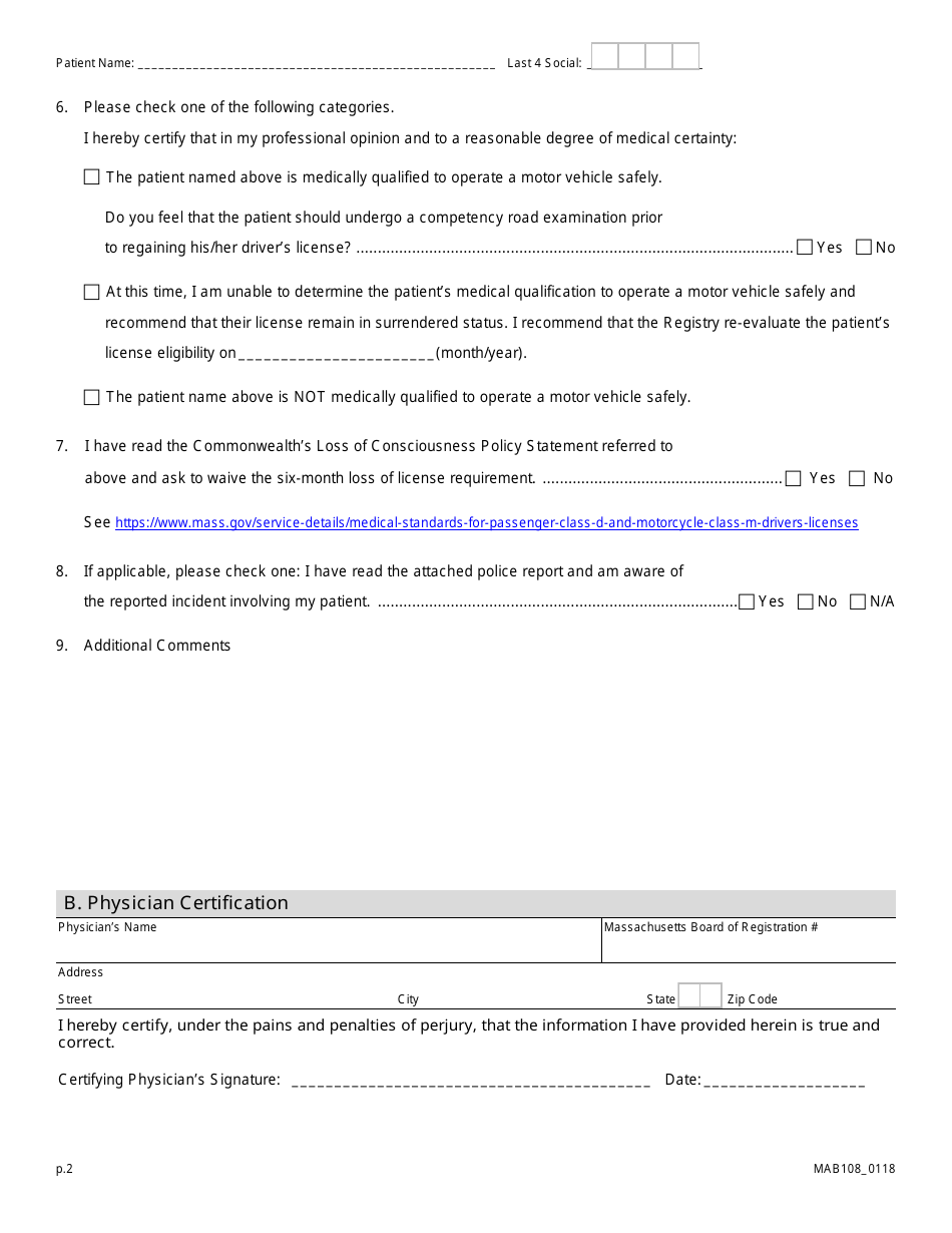Form MAB108 Loss of Consciousness Evaluation Form - Massachusetts, Page 2