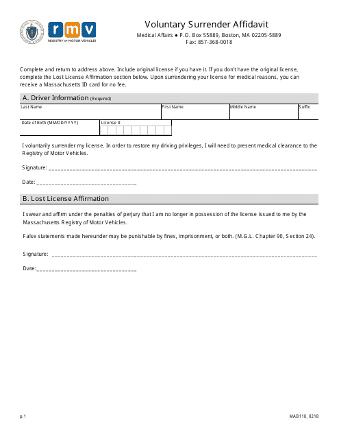 Form MAB110  Printable Pdf