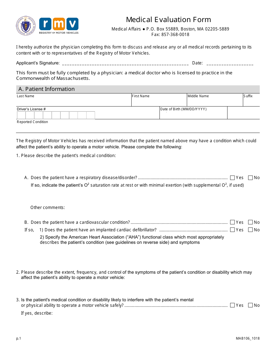 Form MAB106 Medical Evaluation Form - Massachusetts, Page 1