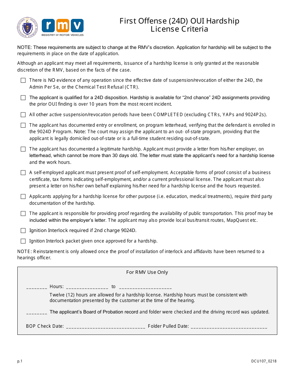 Form DCU107 First Offense (24d) Oui Hardship License Criteria - Massachusetts, Page 1