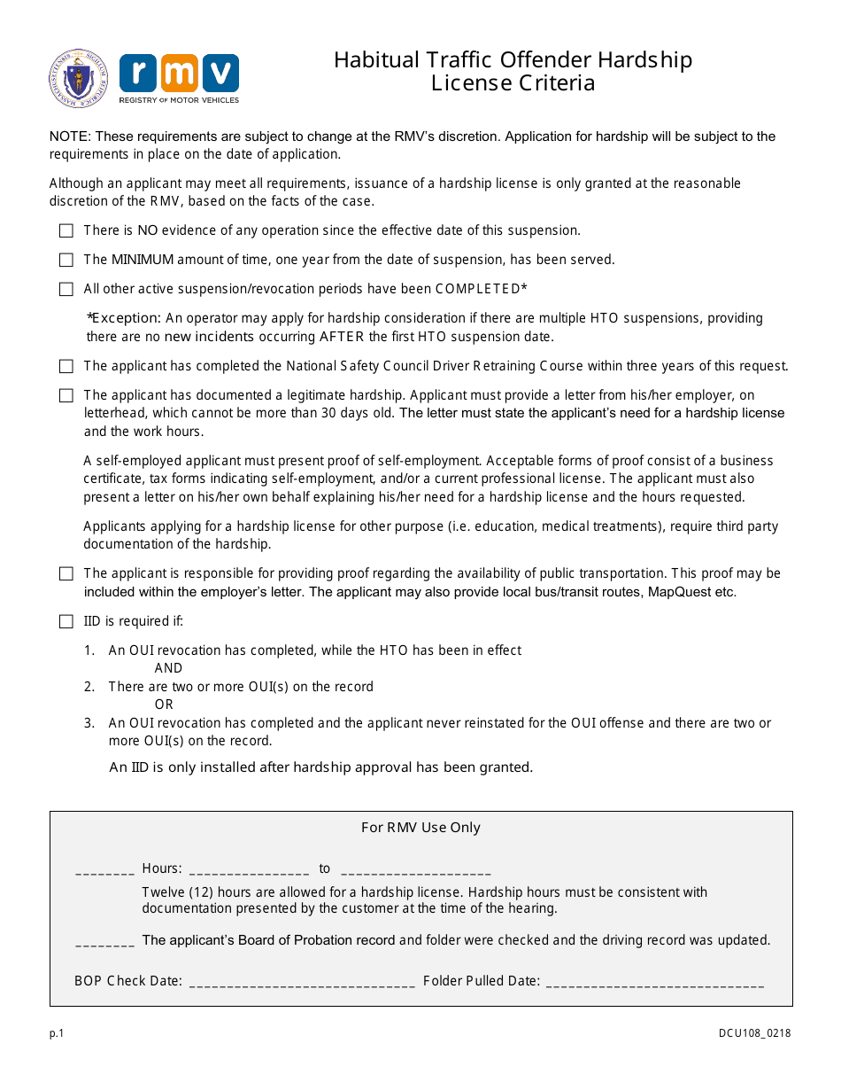 Form DCU108 Habitual Traffic Offender Hardship License Criteria - Massachusetts, Page 1