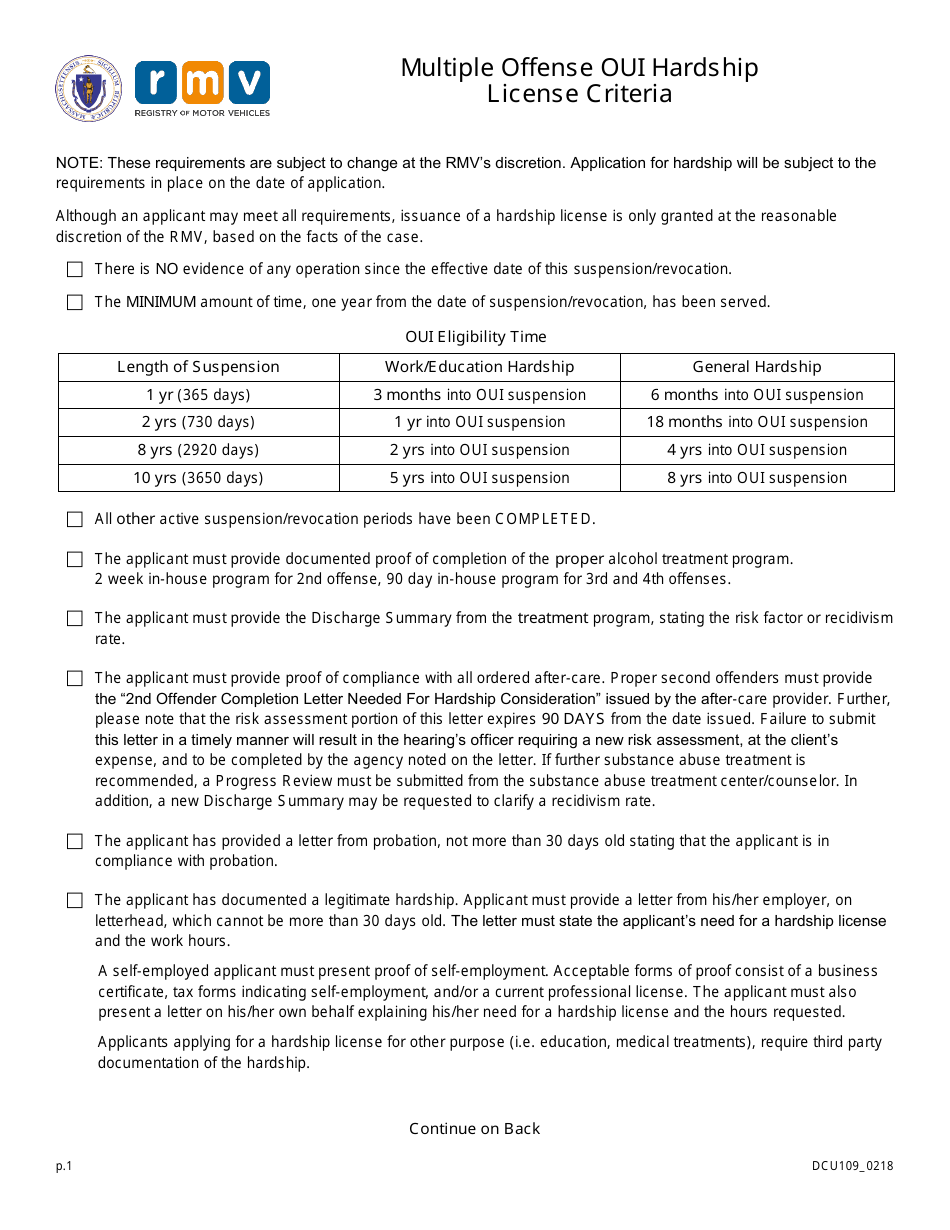 Form DCU109 Multiple Offense Oui Hardship License Criteria - Massachusetts, Page 1