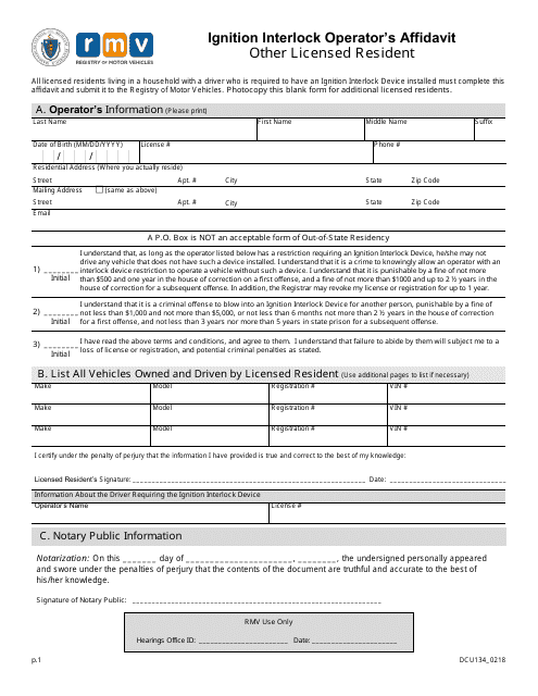 Form DCU134 Ignition Interlock Operator's Affidavit Other Licensed Resident - Massachusetts