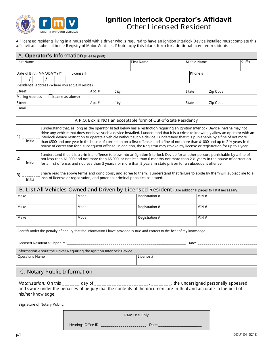 Form DCU134 Ignition Interlock Operators Affidavit Other Licensed Resident - Massachusetts, Page 1