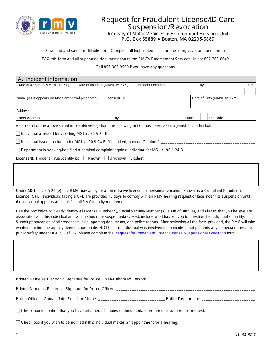 Form LE102 Request for Fraudulent License / Id Card Suspension / Revocation - Massachusetts, Page 1