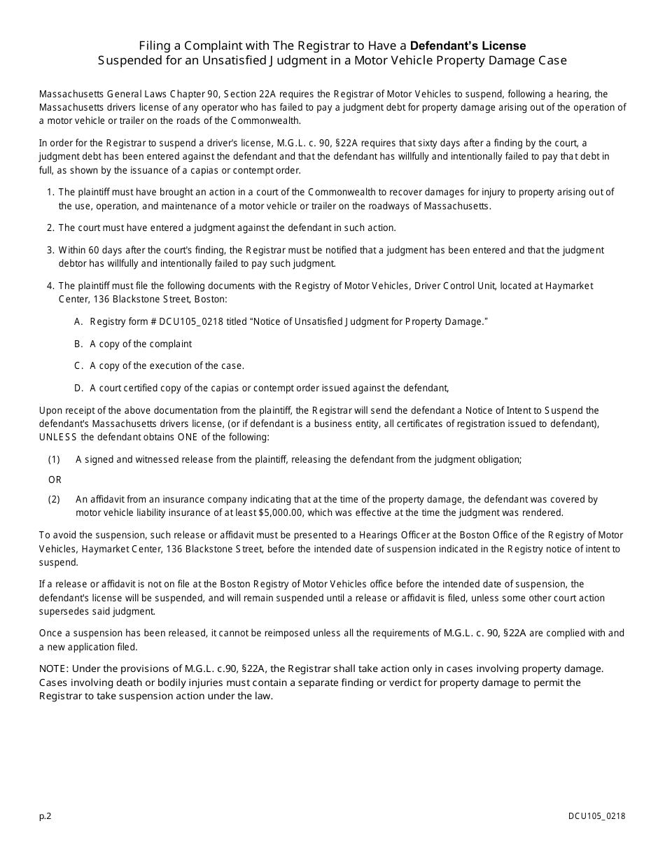 Form DCU105 Notice of Unsatisfied Judgment for Property Damage - Massachusetts, Page 2