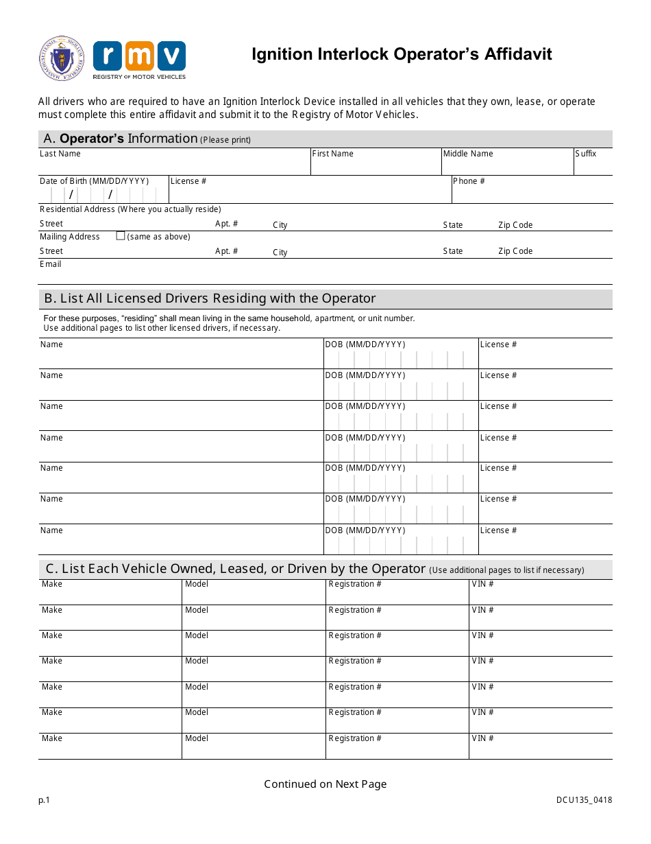 Form DCU135 Ignition Interlock Operators Affidavit - Massachusetts, Page 1
