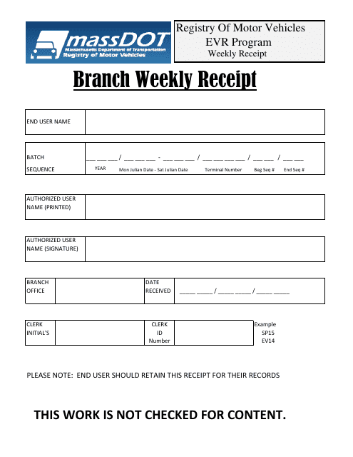 Branch Weekly Receipt Form - Massachusetts