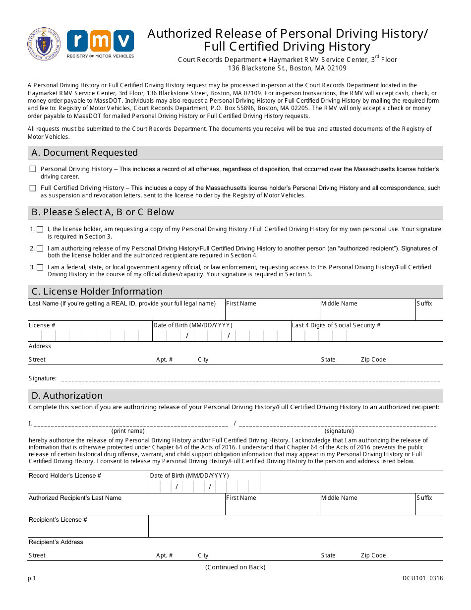 Form DCU101 Authorized Release of Personal Driving History / Full Certified Driving History - Massachusetts, Page 1