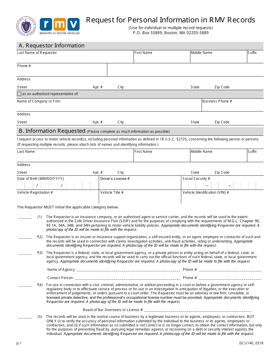 Form DCU140 Request for Personal Information in Rmv Records - Massachusetts, Page 1