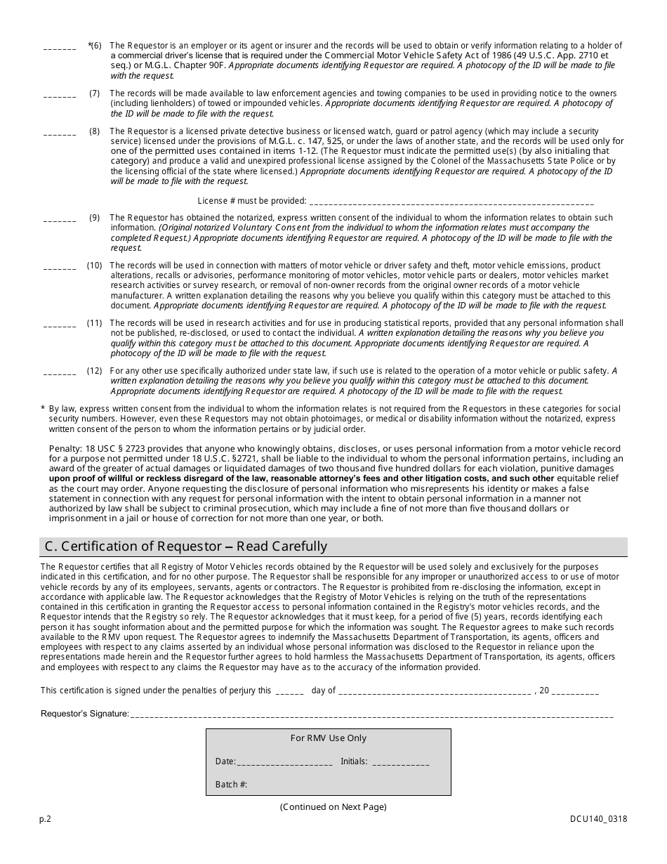 Form DCU140 Request for Personal Information in Rmv Records - Massachusetts, Page 2