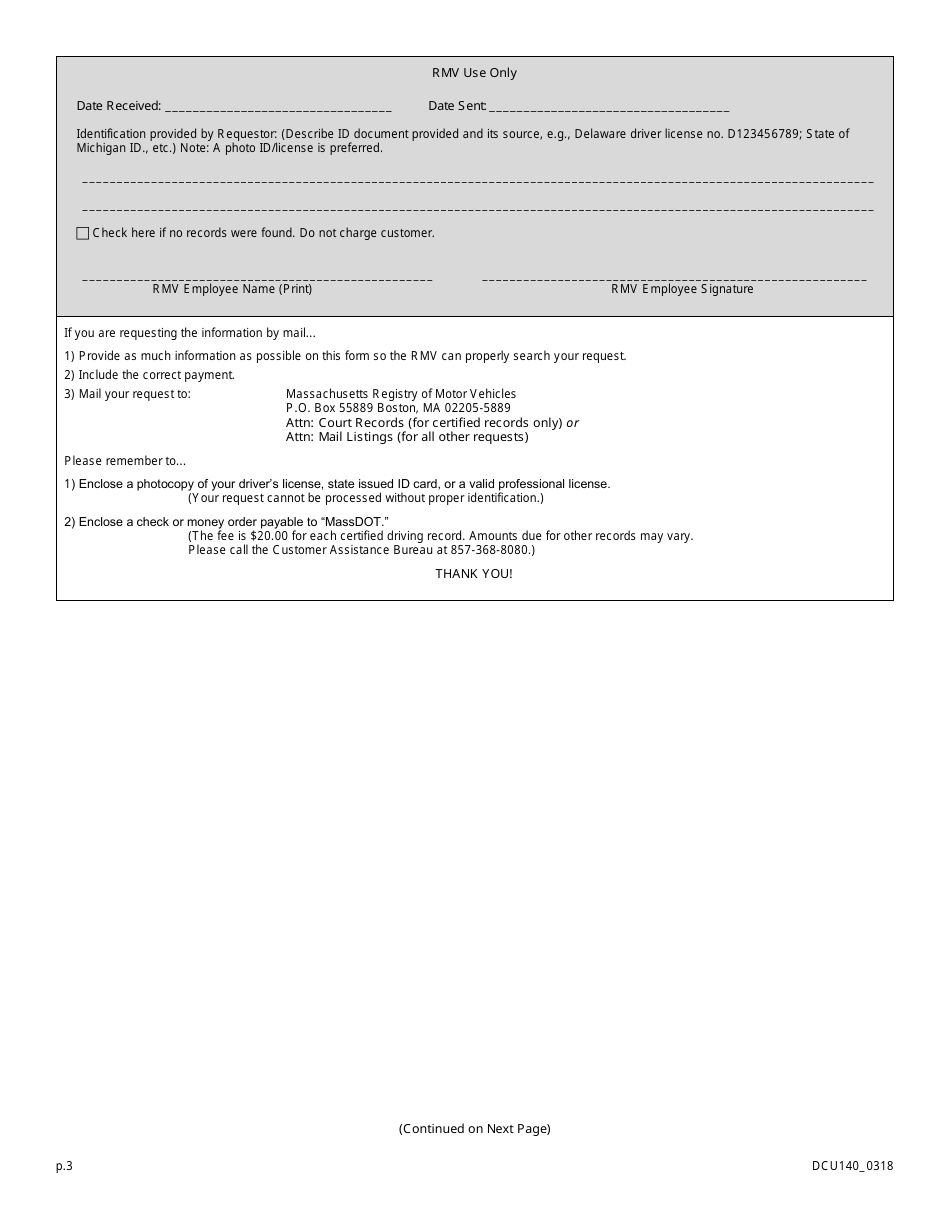 Form DCU140 Request for Personal Information in Rmv Records - Massachusetts, Page 3