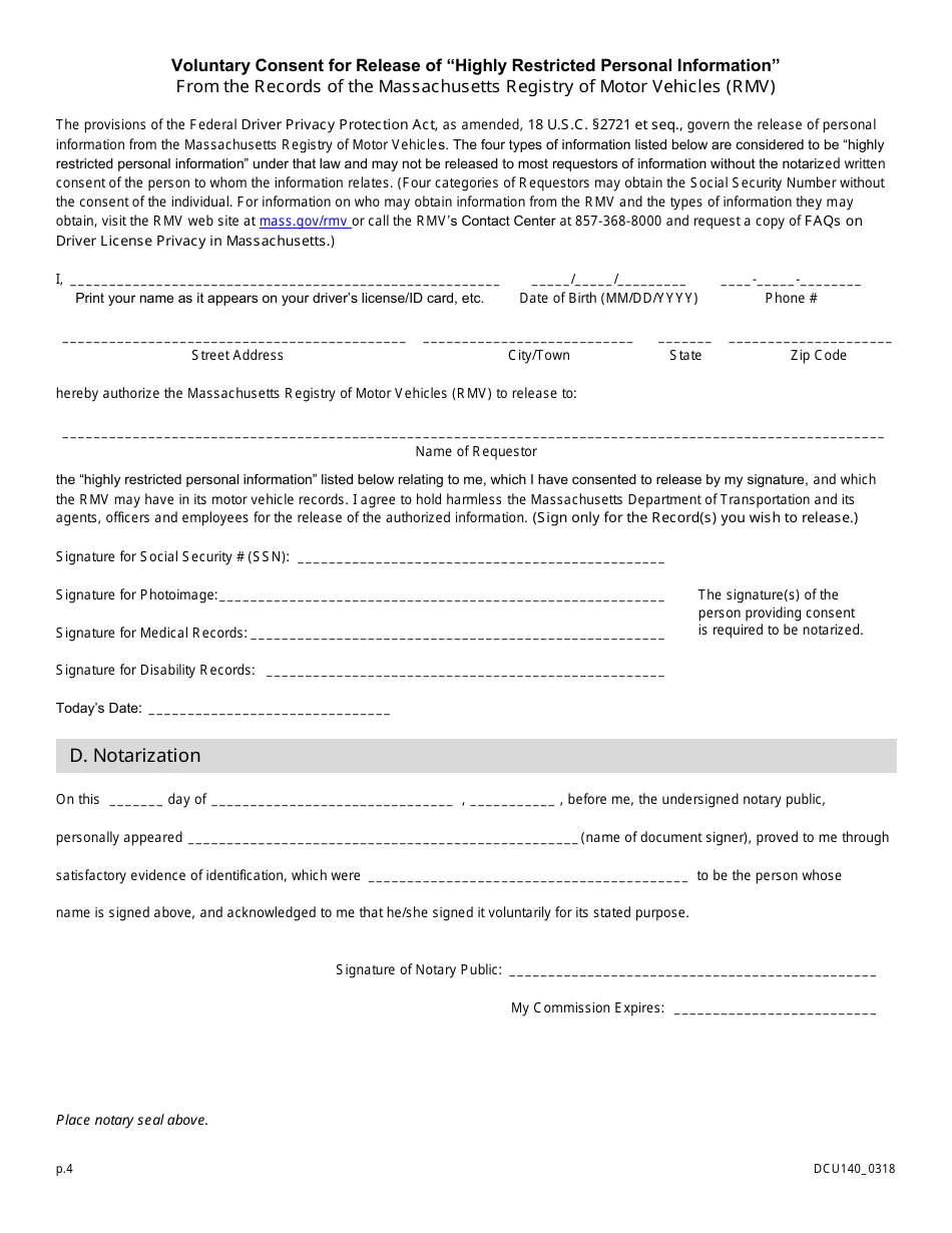 Form DCU140 Request for Personal Information in Rmv Records - Massachusetts, Page 4