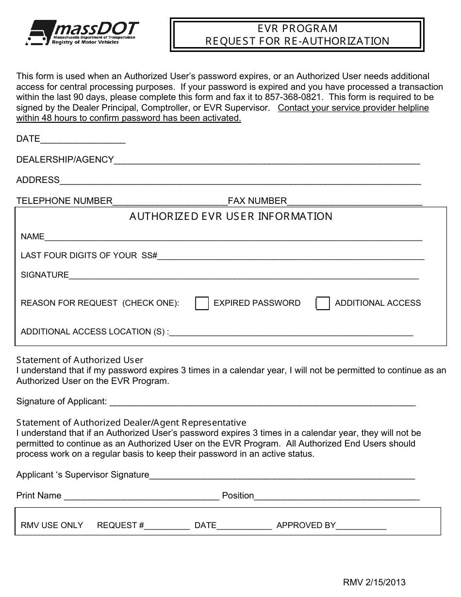 Form RMV Request for Re-authorization - Evr Program - Massachusetts, Page 1