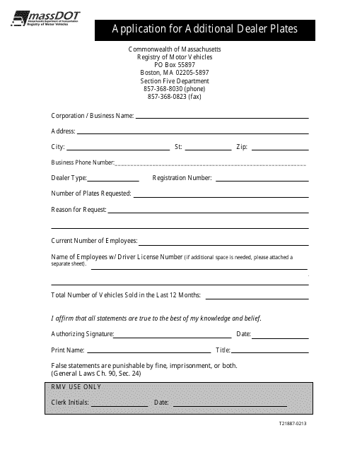 Form T21887 Application for Additional Dealer Plates - Massachusetts