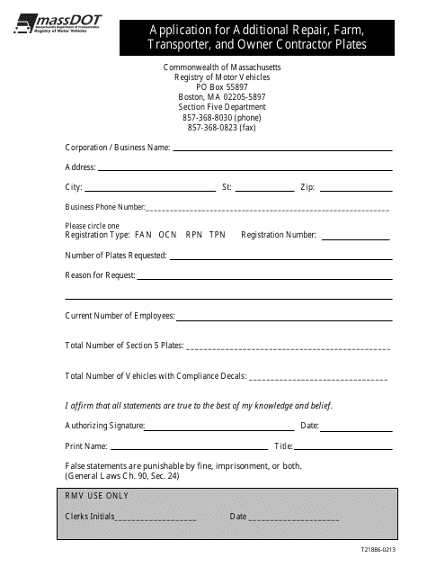 Form T21886 Application for Additional Repair, Farm, Transporter, and Owner Contractor Plates - Massachusetts