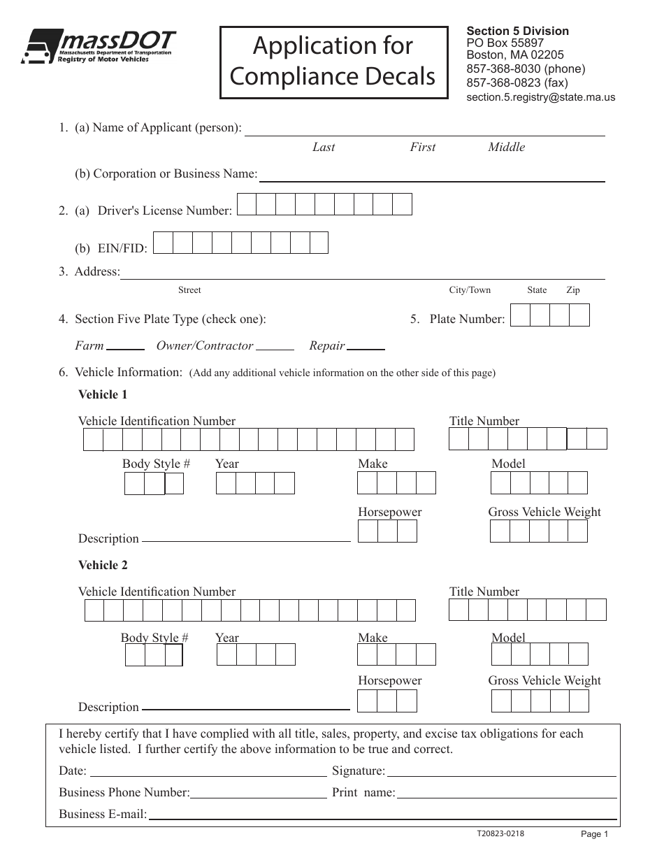 Form T20823 Application for Compliance Decals - Massachusetts, Page 1