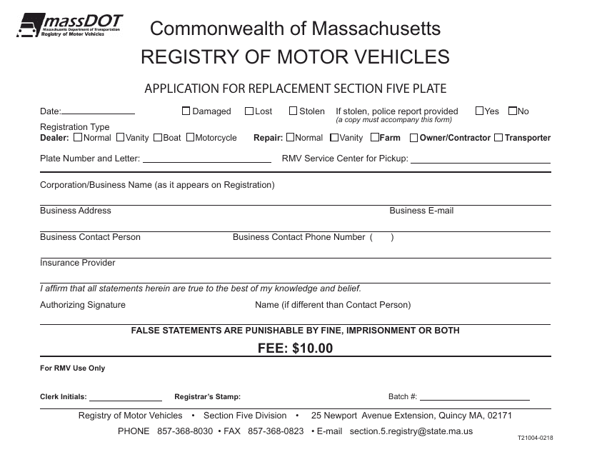 Form T21004 Application for Replacement Section Five Plate - Massachusetts