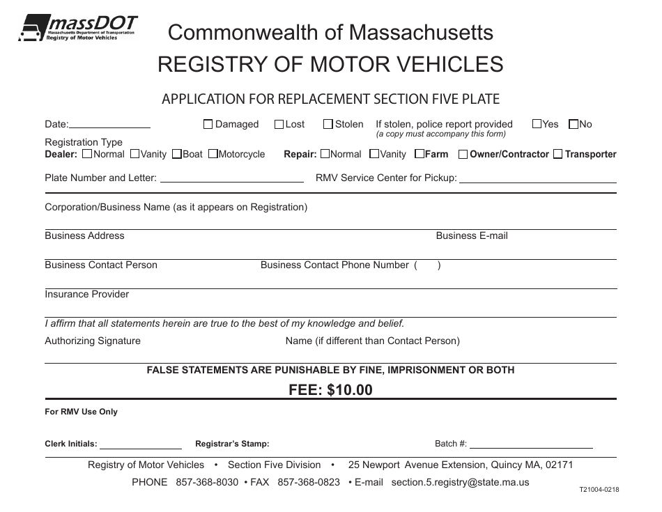 Form T21004 Application for Replacement Section Five Plate - Massachusetts, Page 1