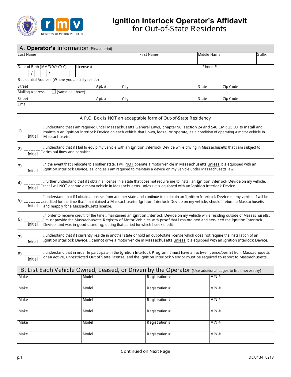 Form DCU134 Ignition Interlock Operators Affidavit for Out-of-State Residents - Massachusetts, Page 1