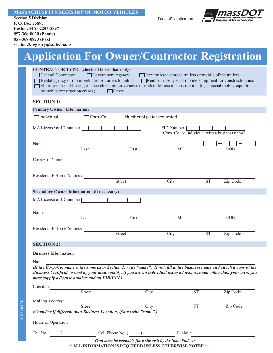 Application for Owner / Contractor Registration - Massachusetts, Page 3