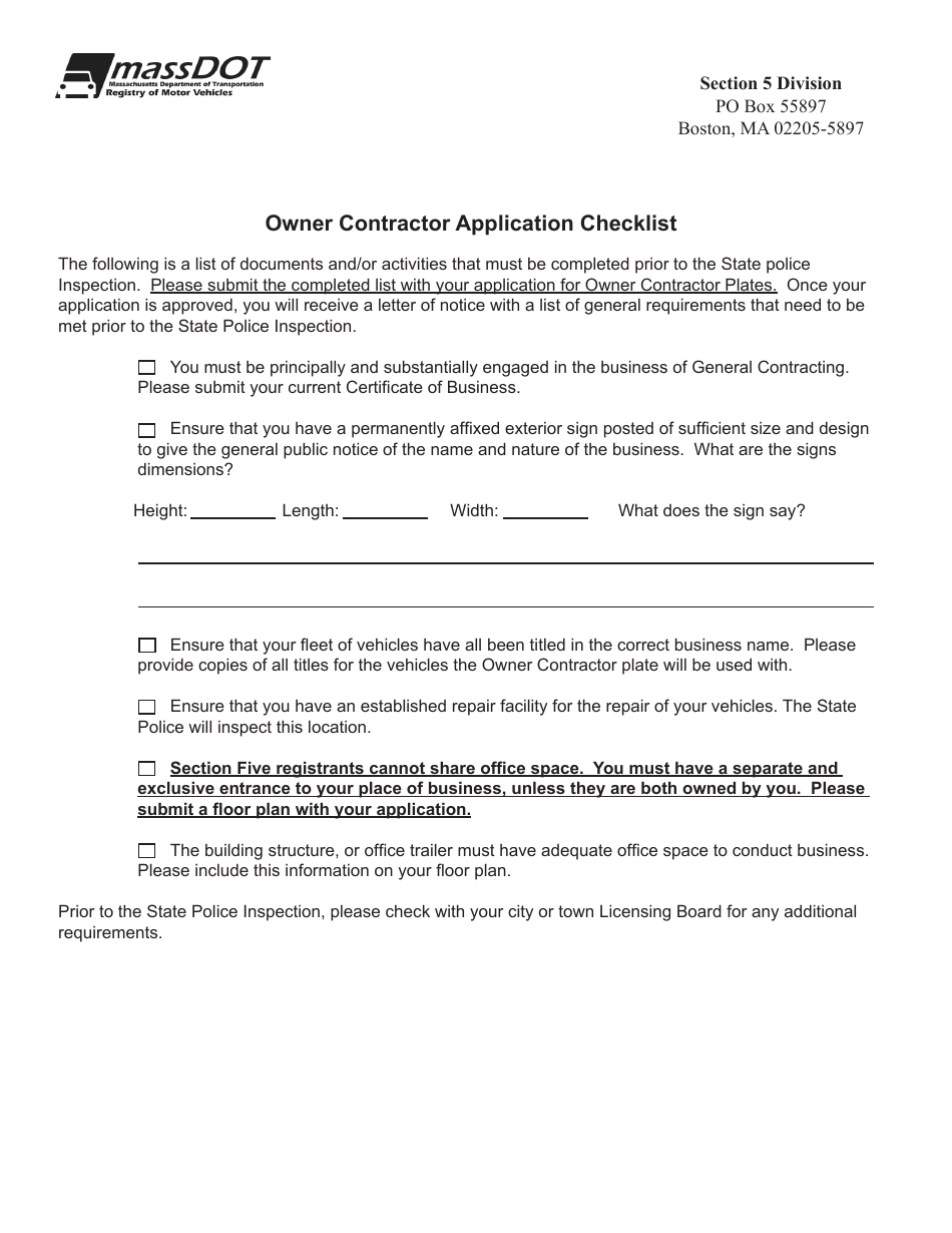 Application for Owner / Contractor Registration - Massachusetts, Page 5