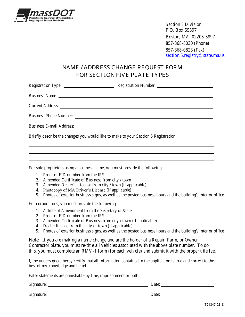 Form T21847 Name / Address Change Request Form for Section Five Plate Types - Massachusetts, Page 1