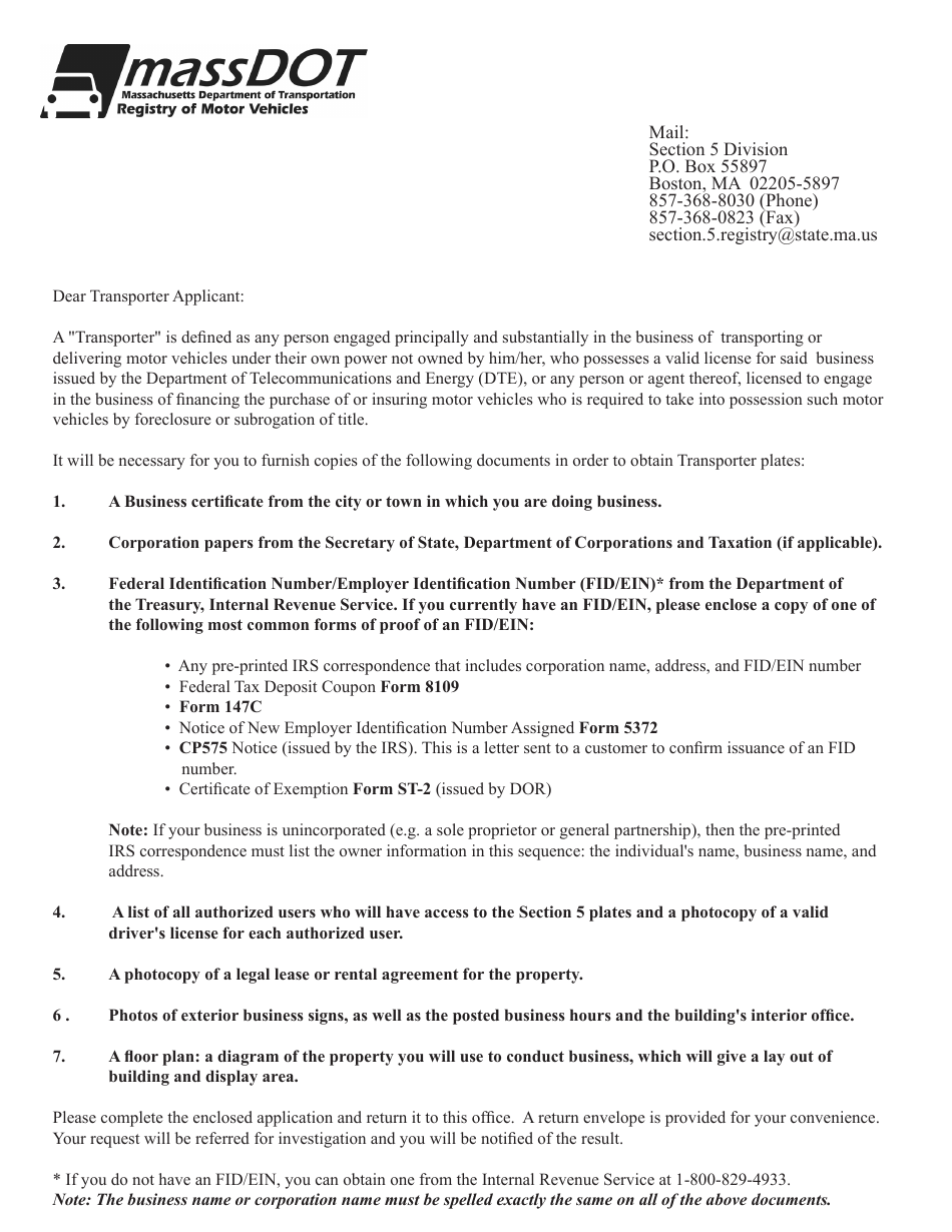 Application for Transporter Registration - Massachusetts, Page 1