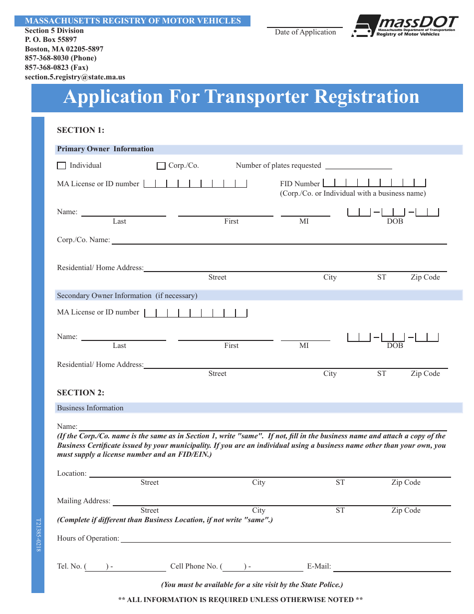Application for Transporter Registration - Massachusetts, Page 3