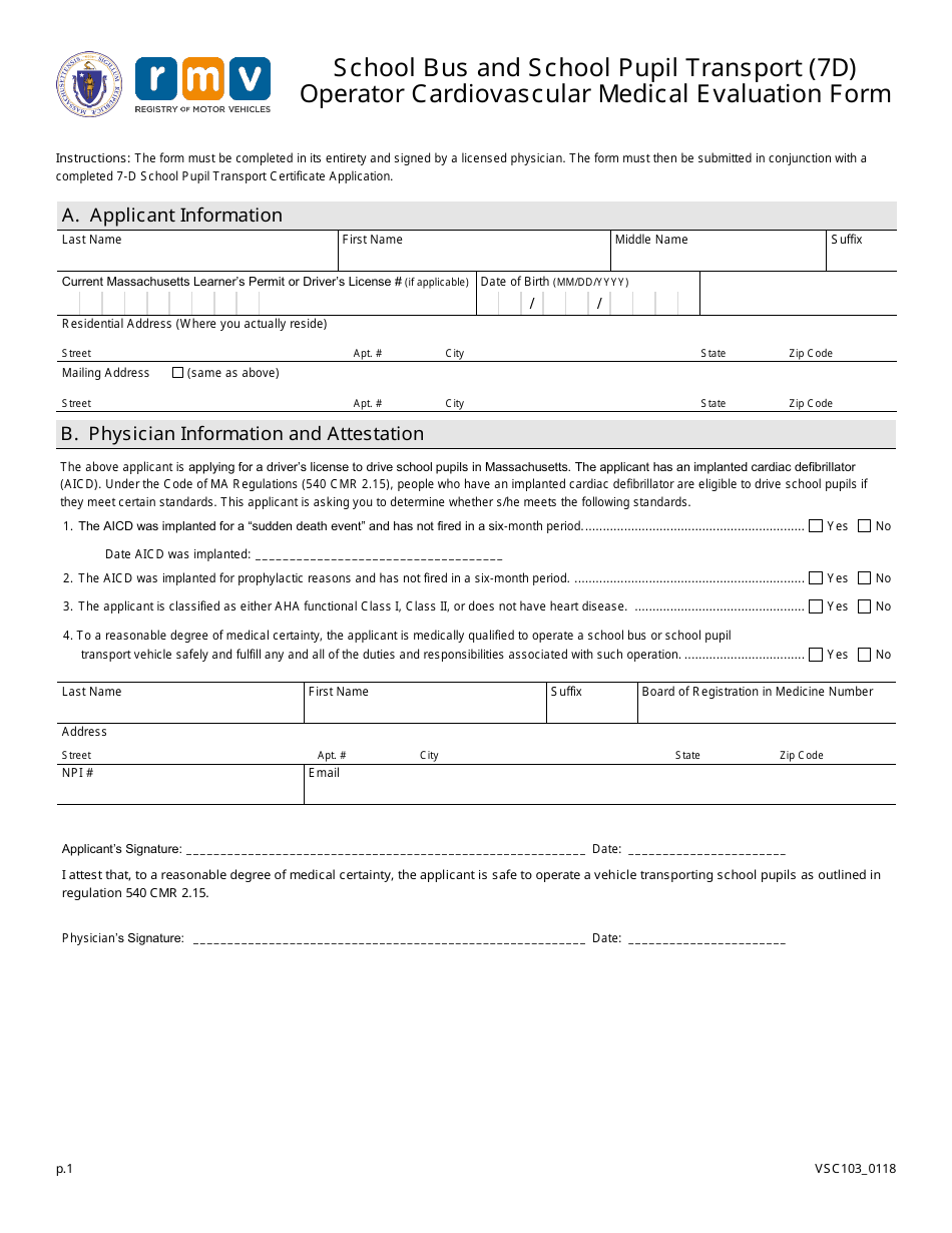 Form VSC103 School Bus and School Pupil Transport (7d) Operator Cardiovascular Medical Evaluation Form - Massachusetts, Page 1