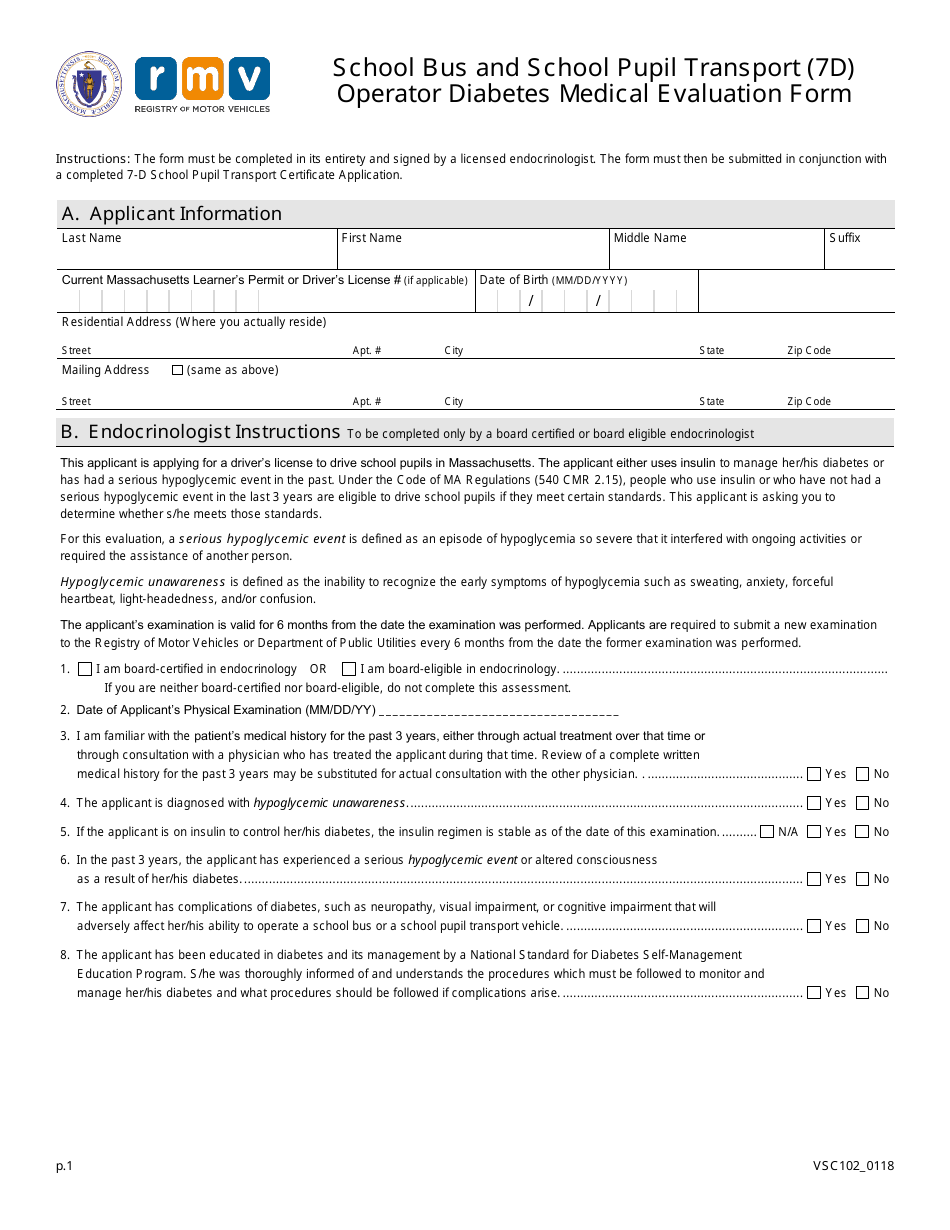 Form VSC102 School Bus and School Pupil Transport (7d) Operator Diabetes Medical Evaluation Form - Massachusetts, Page 1