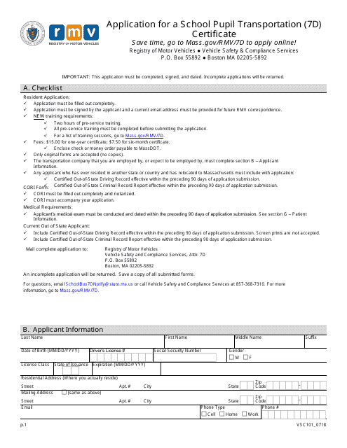 Form VSC101 Application for a School Pupil Transportation (7d) Certificate - Massachusetts