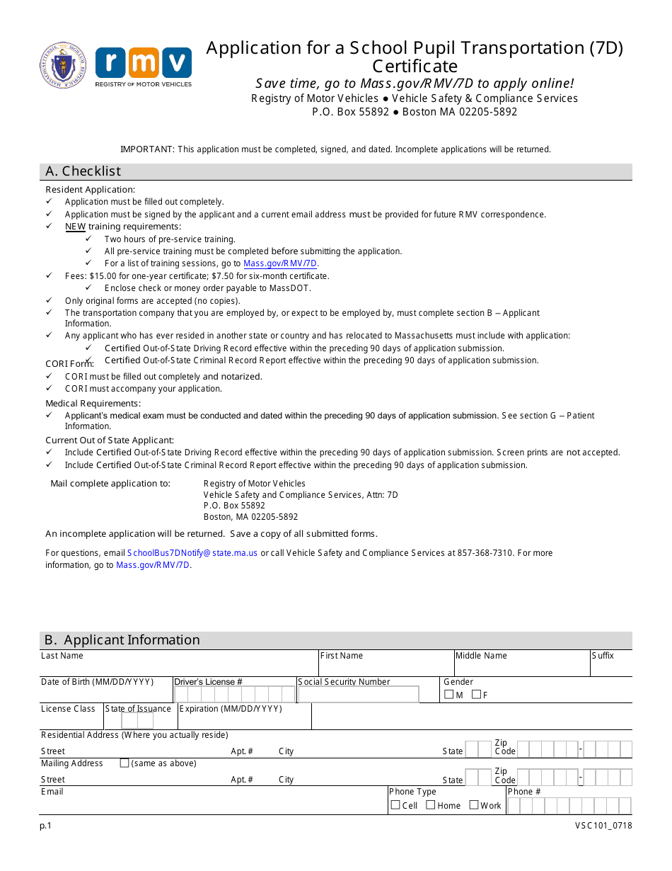 Form VSC101 Application for a School Pupil Transportation (7d) Certificate - Massachusetts, Page 1