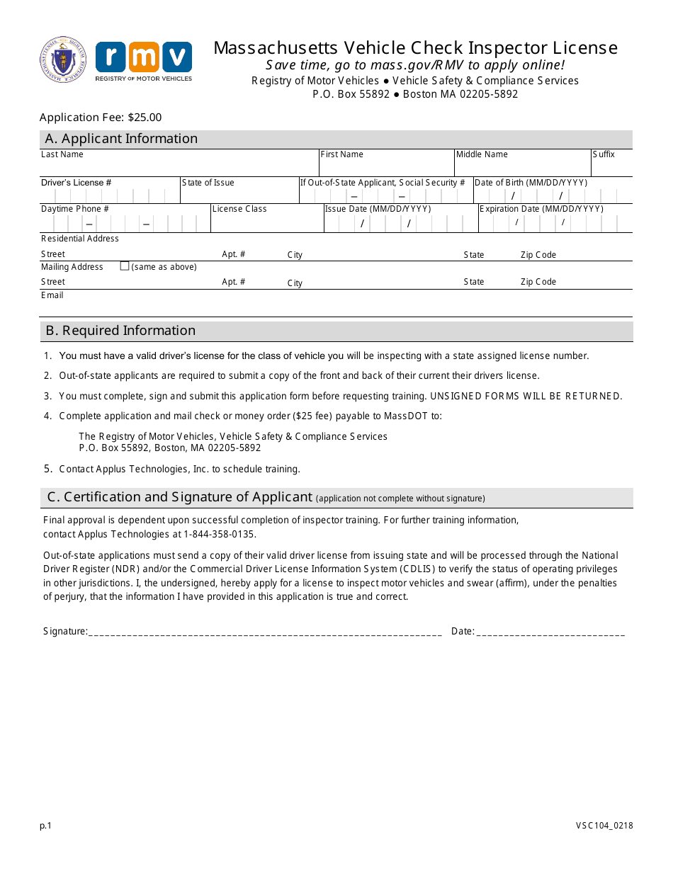 Form VSC104 Massachusetts Vehicle Check Inspector License - Massachusetts, Page 1