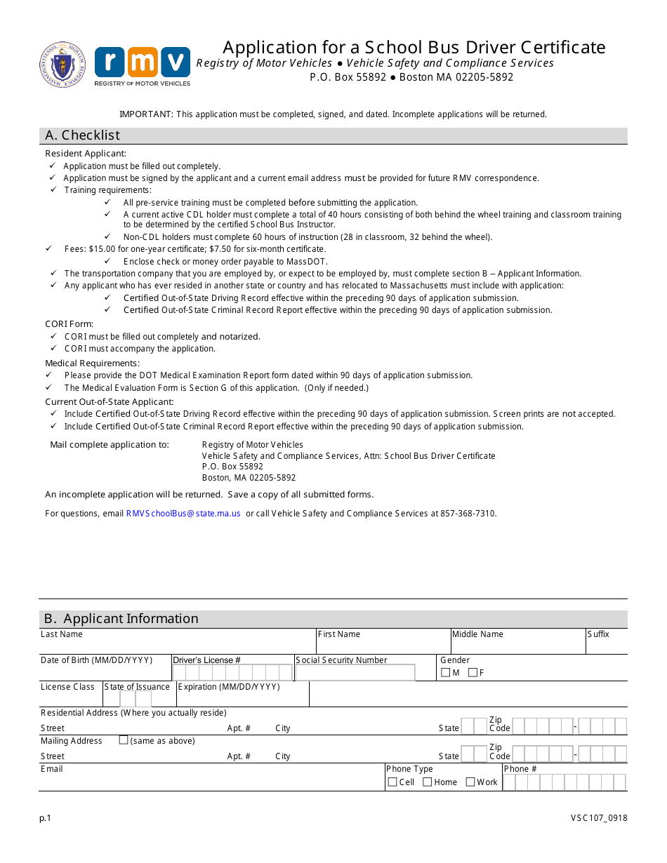 Form VSC107 Application for a School Bus Driver Certificate - Massachusetts, Page 1