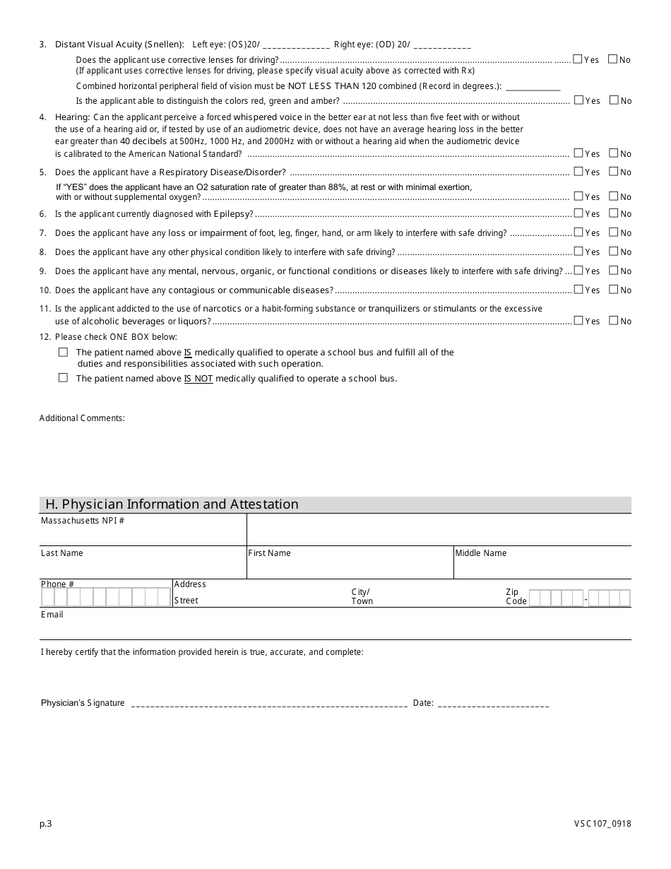 Form VSC107 Application for a School Bus Driver Certificate - Massachusetts, Page 3