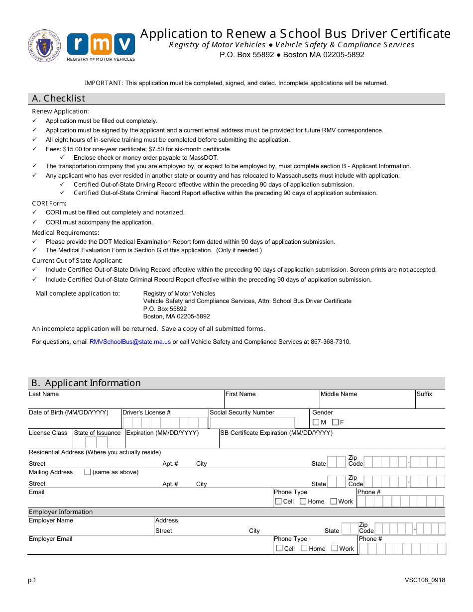 Form VSC108 Application to Renew a School Bus Driver Certificate - Massachusetts, Page 1