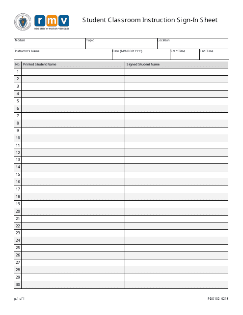 Form PDS102 Student Classroom Instruction Sign-In Sheet - Massachusetts
