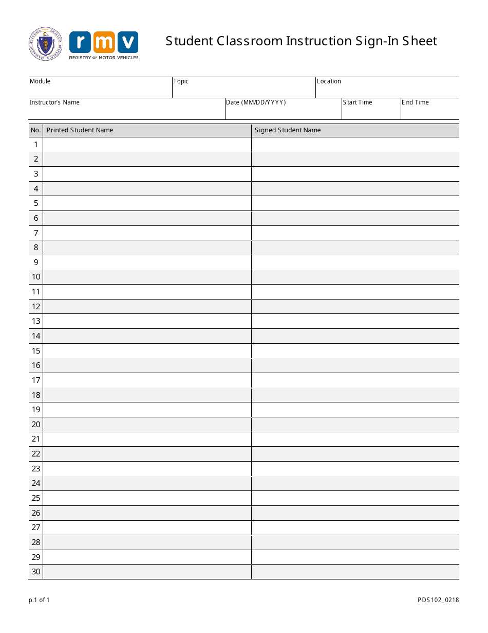 Form PDS102 Student Classroom Instruction Sign-In Sheet - Massachusetts, Page 1