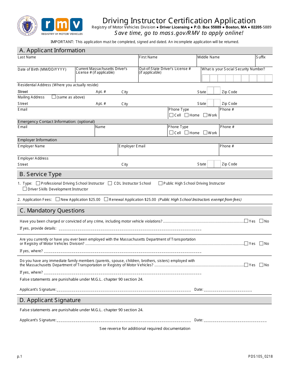 Form PDS105 Driving Instructor Certification Application - Massachusetts, Page 1