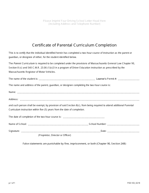 Form PDS103 Certificate of Parental Curriculum Completion - Massachusetts