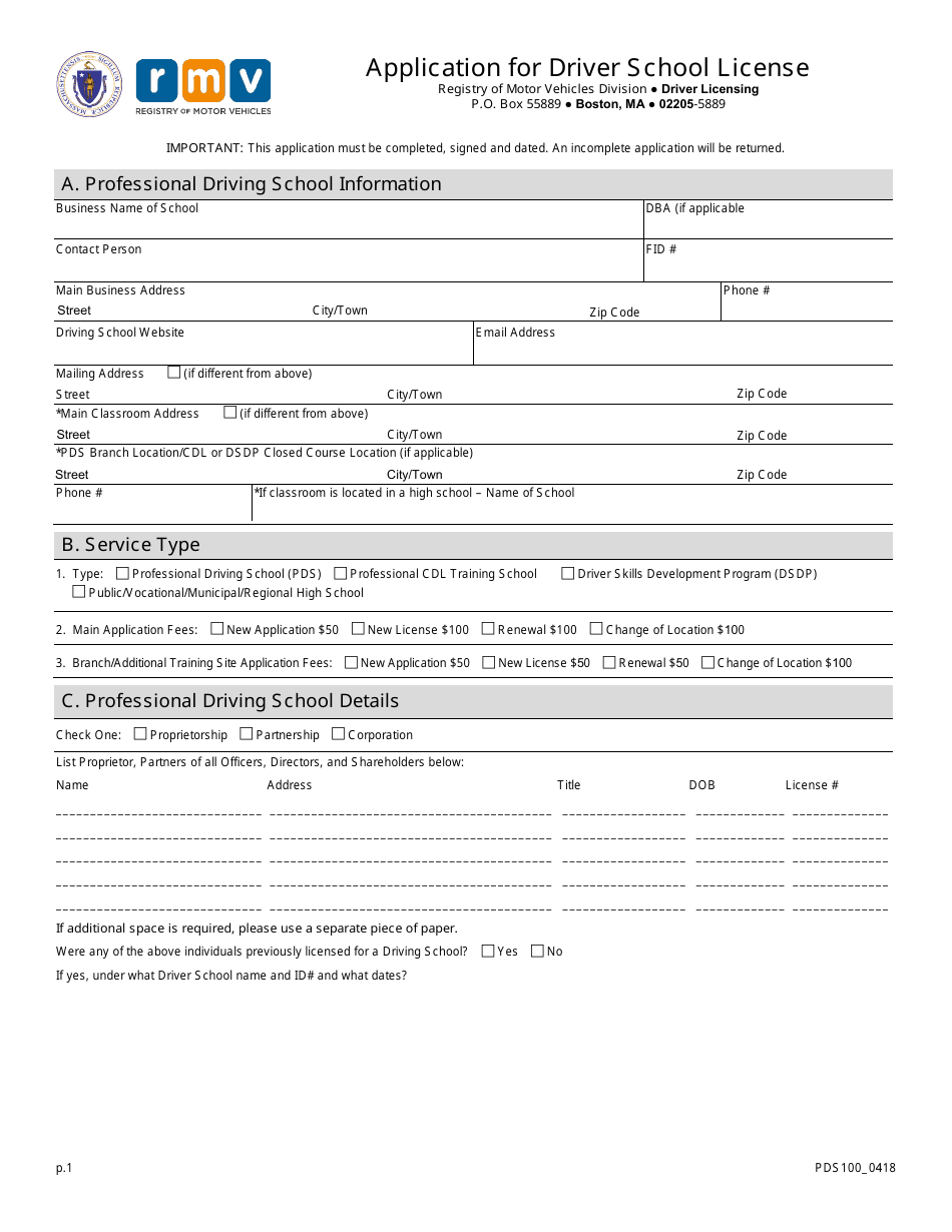 Form PDS100 Application for Driver School License - Massachusetts, Page 1