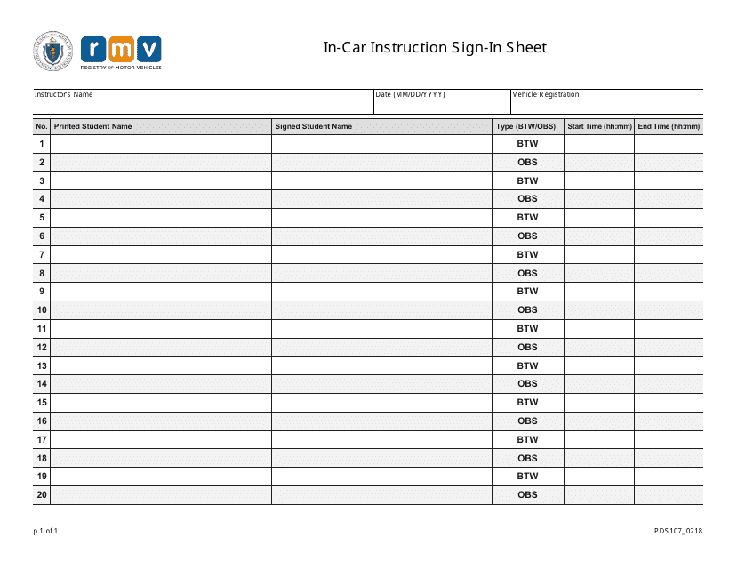 Form PDS107 In-car Instruction Sign-In Sheet - Massachusetts